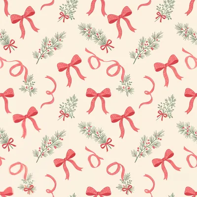 Seamless Christmas Pattern With Red Bows And Pine Branches