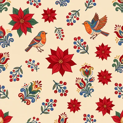 Seamless Pattern With Poinsettias Birds And Berries