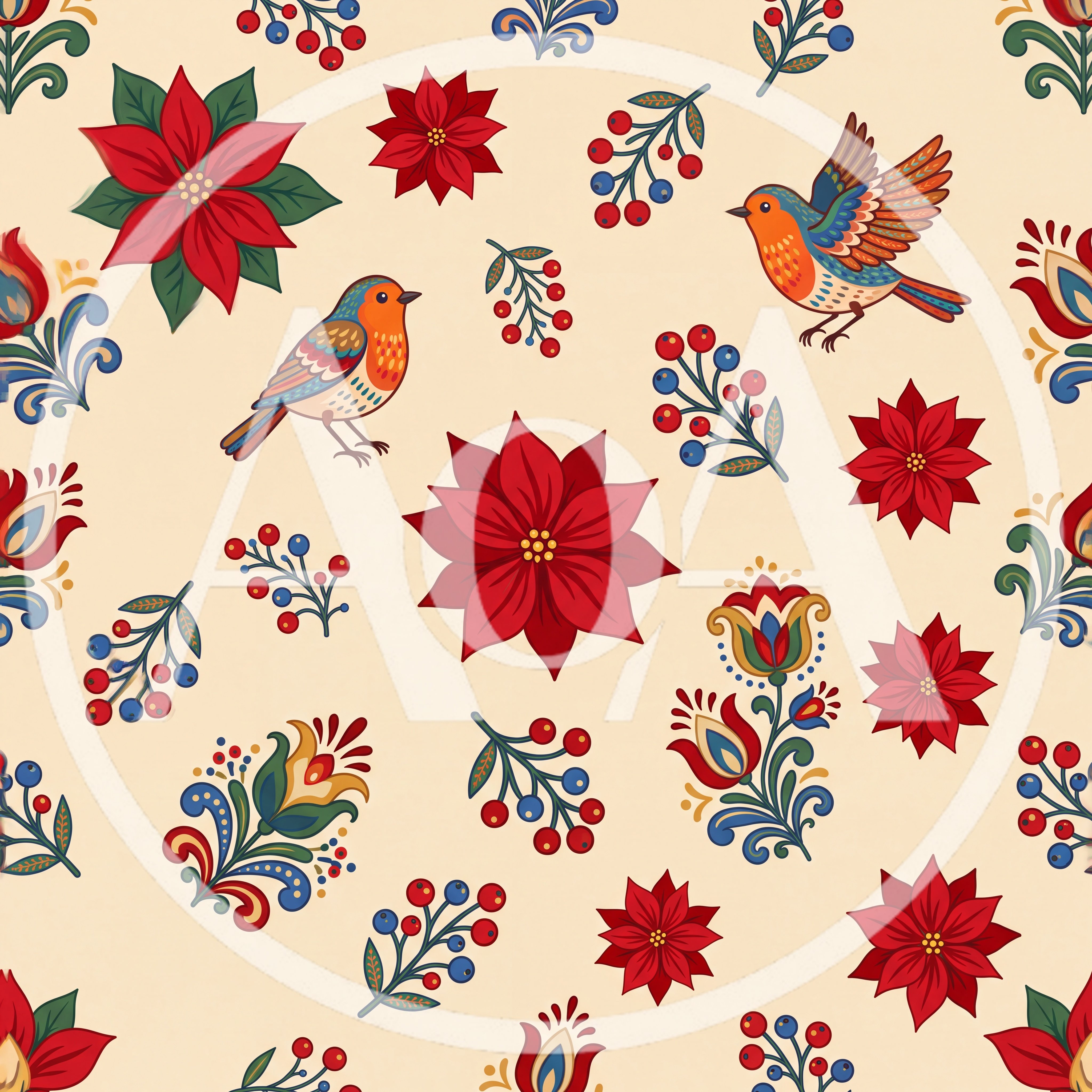 Seamless Pattern With Poinsettias Birds And Berries