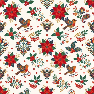 Seamless Christmas Pattern With Poinsettias And Birds