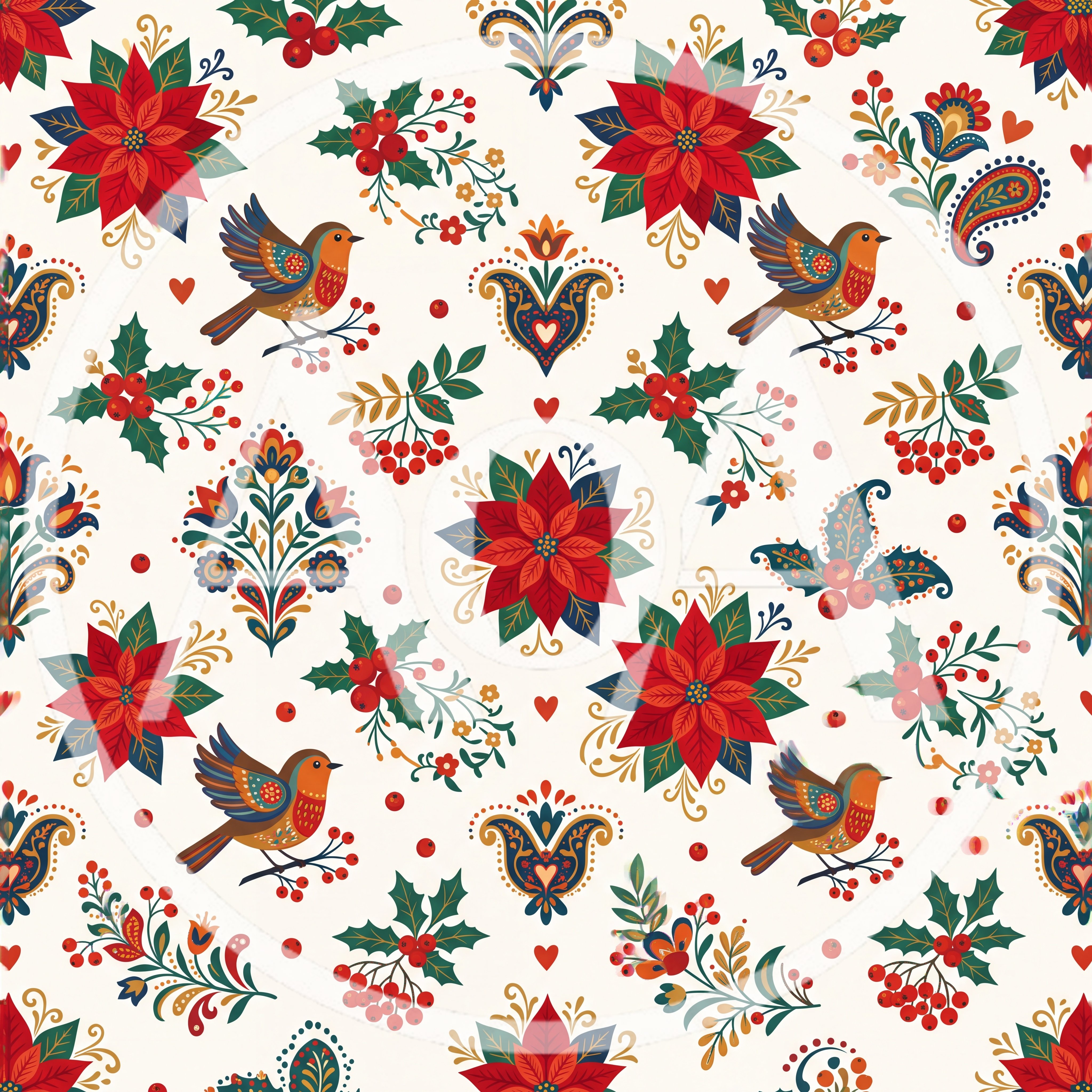 Seamless Christmas Pattern With Poinsettias And Birds