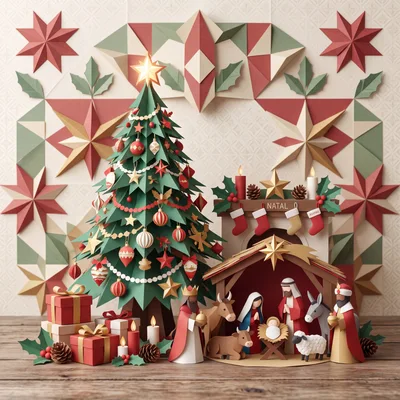 Papercraft Christmas Tree Nativity Scene And Gifts
