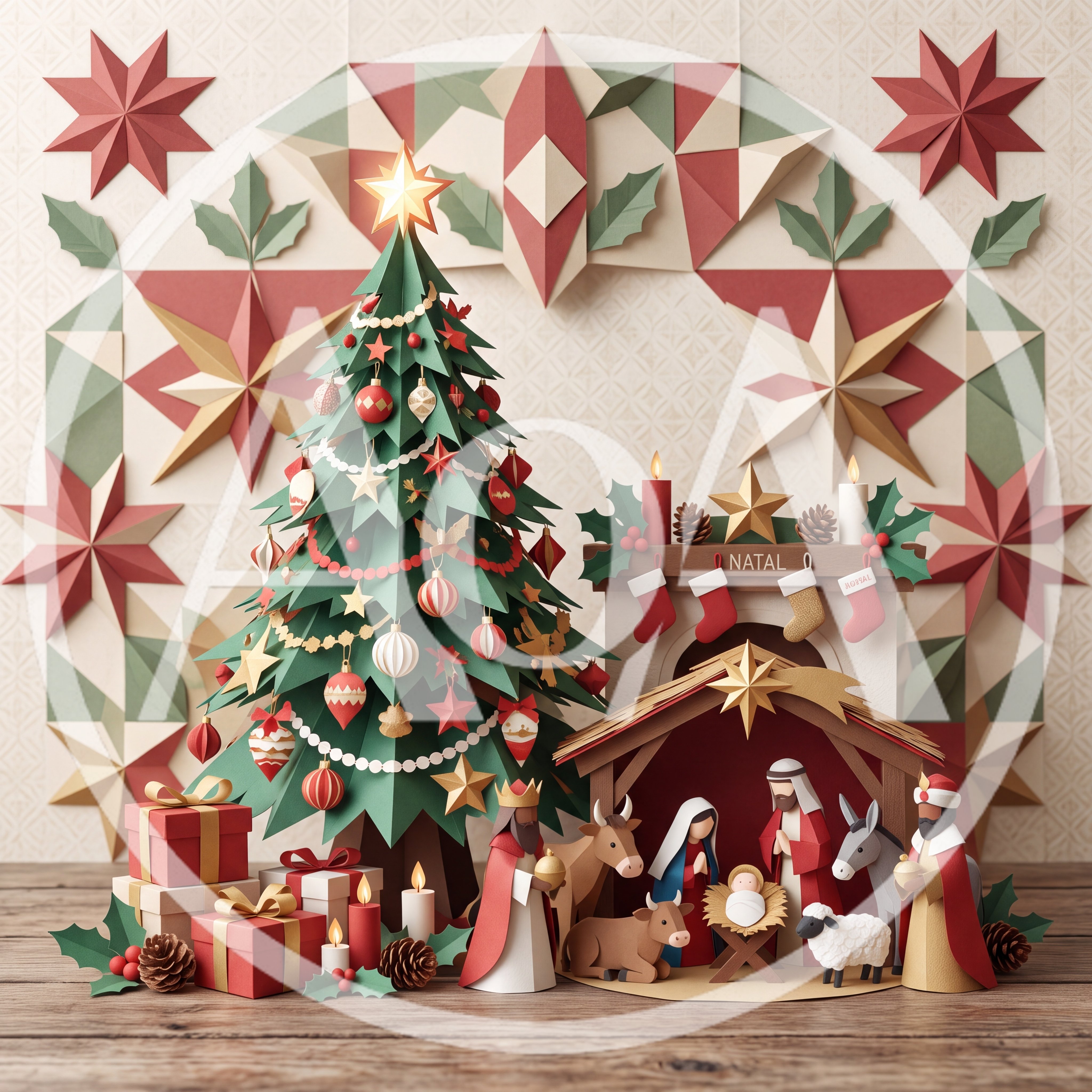 Papercraft Christmas Tree Nativity Scene And Gifts