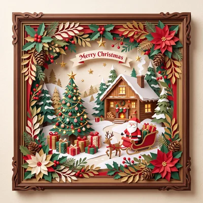 Papercraft Christmas Scene With Santa And Reindeer