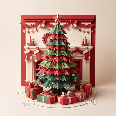 Papercraft Christmas Tree With Gifts And Fireplace