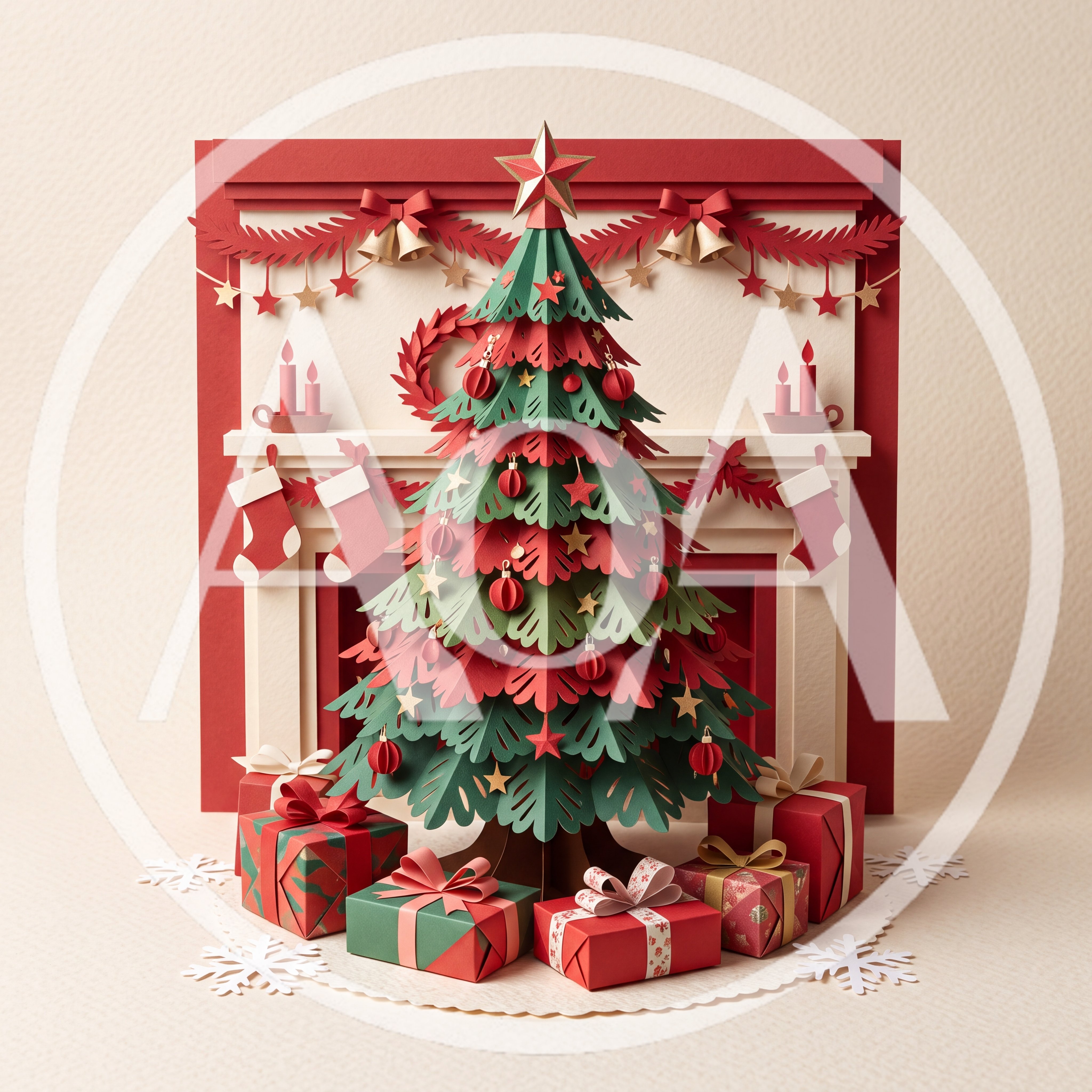 Papercraft Christmas Tree With Gifts And Fireplace