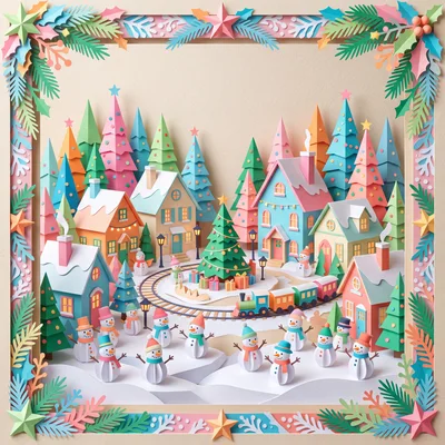 Papercraft Christmas Village With Snowmen And Train