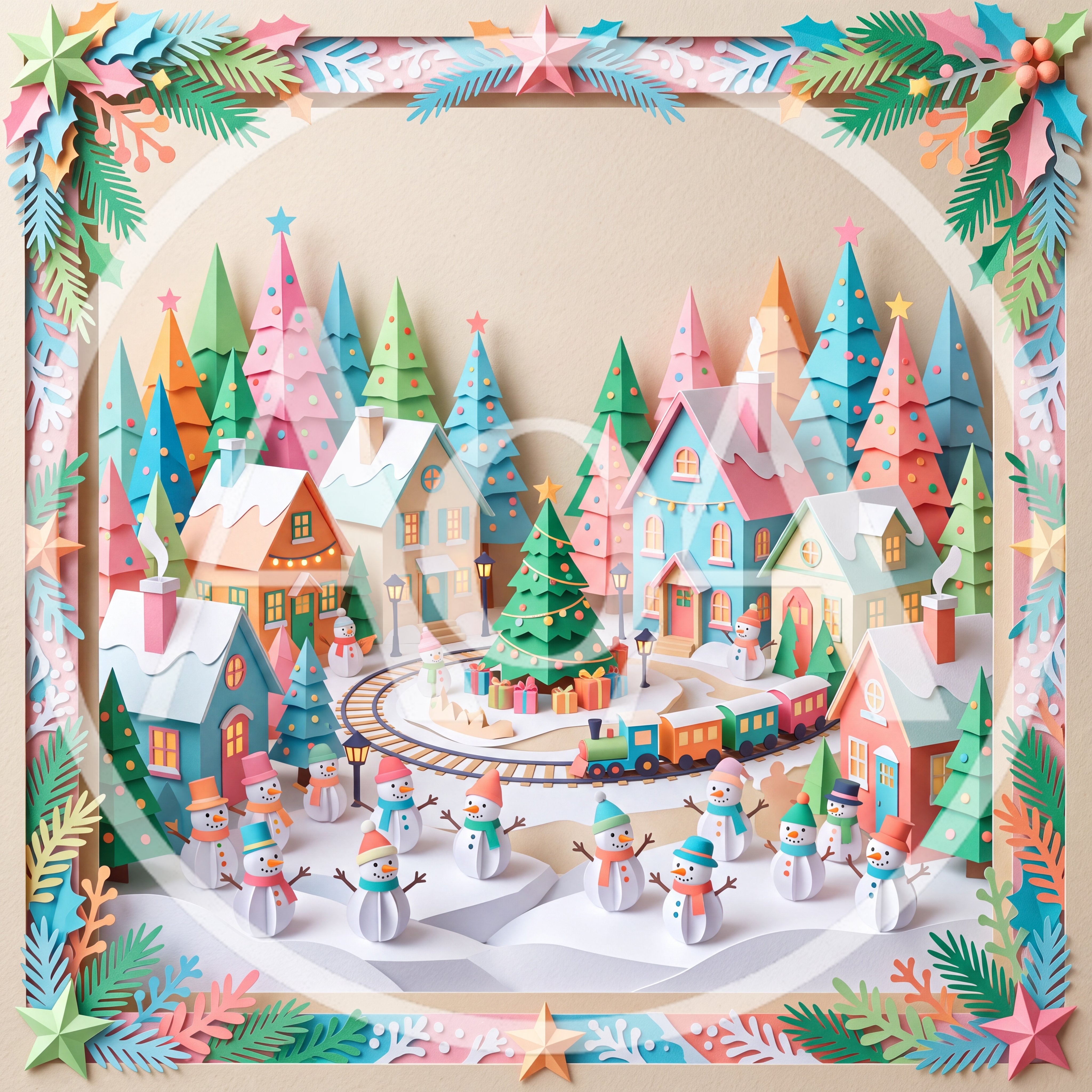 Papercraft Christmas Village With Snowmen And Train