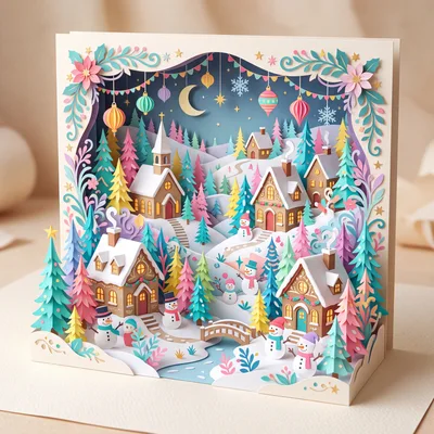 3D Paper Cutout Christmas Village Diorama