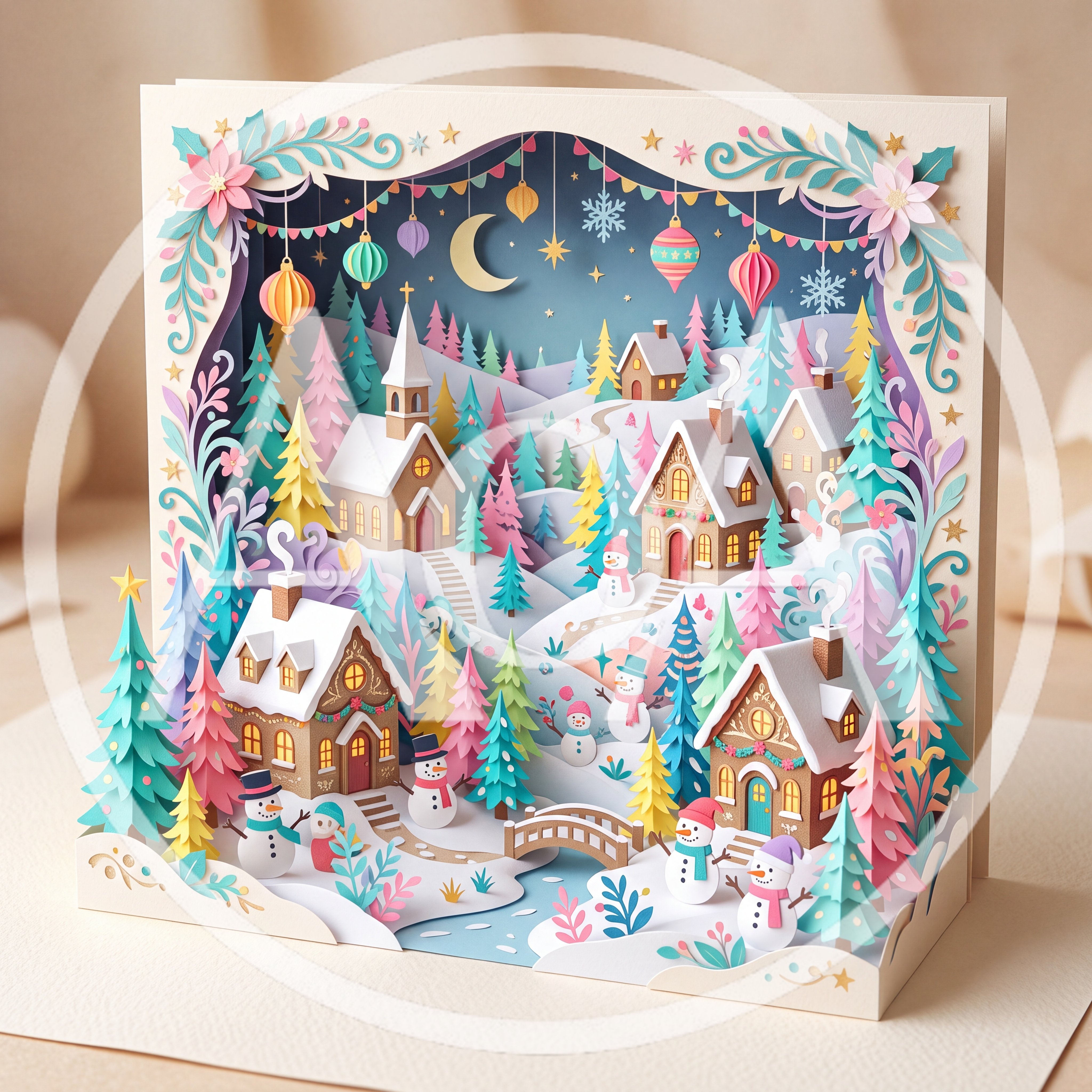 3D Paper Cutout Christmas Village Diorama