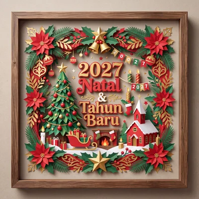 Paper Cutout Christmas and New Year 2027 Greeting Card