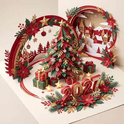 3D Papercraft Christmas Tree and 2027 New Year Greeting