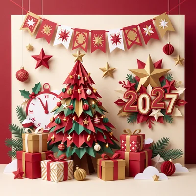 Paper Craft Christmas Tree With 2027 New Year Decor