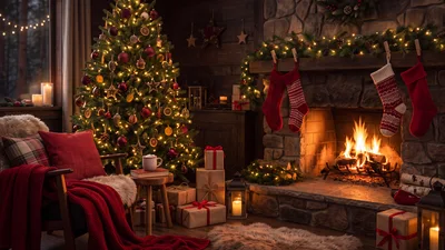 Cozy Christmas Living Room With Decorated Tree And Fireplace
