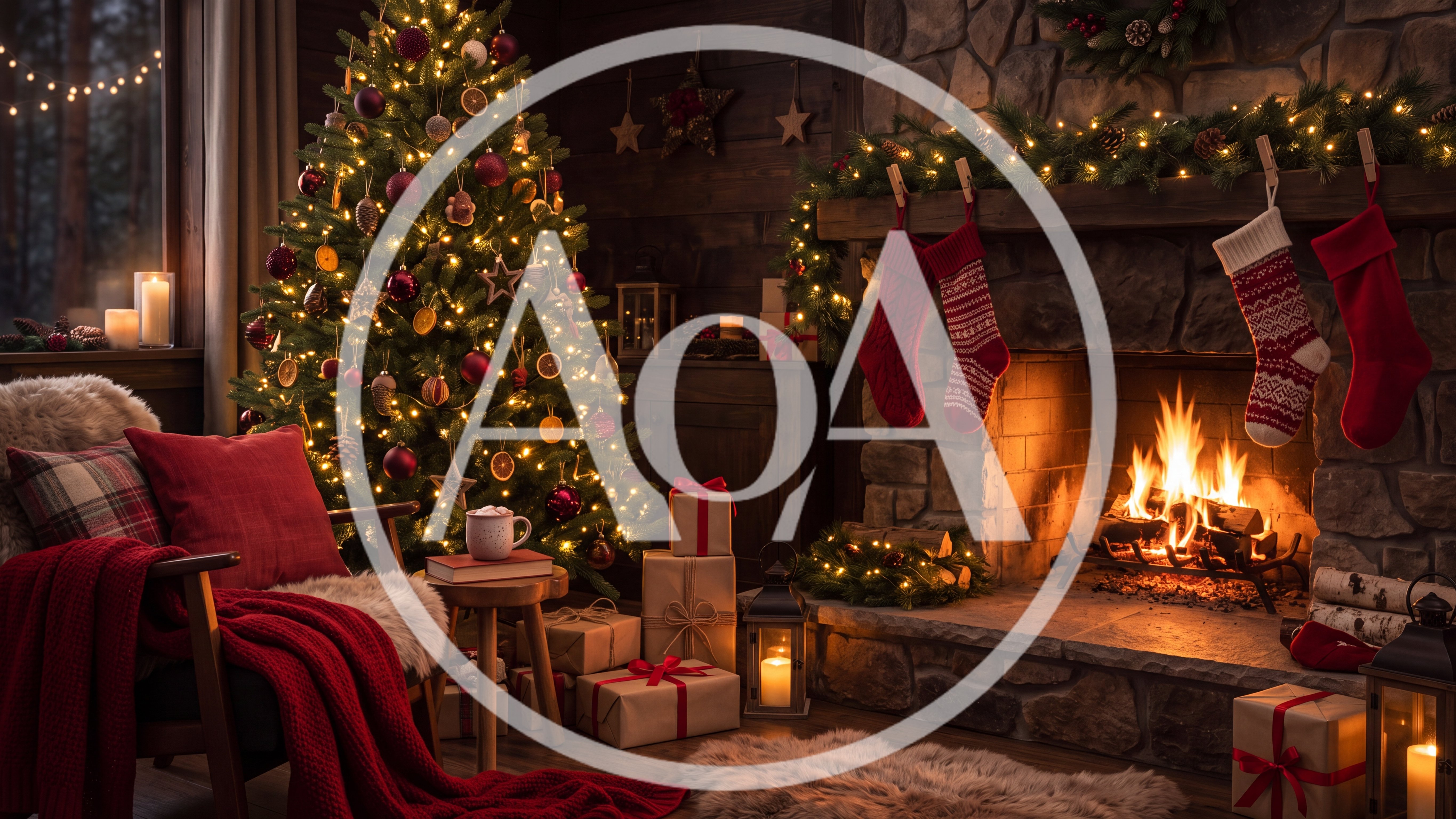 Cozy Christmas Living Room With Decorated Tree And Fireplace