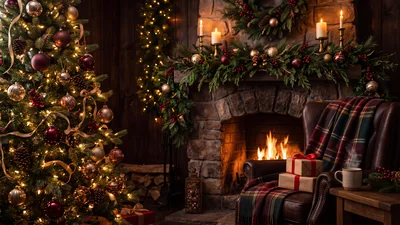 Cozy Christmas Living Room With Fireplace And Tree