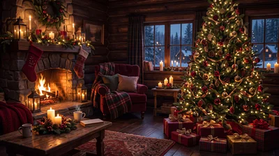 Cozy Christmas Living Room With Decorated Tree And Fireplace