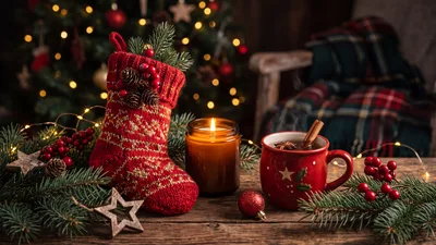 Christmas Stocking and Hot Drink on Wooden Table