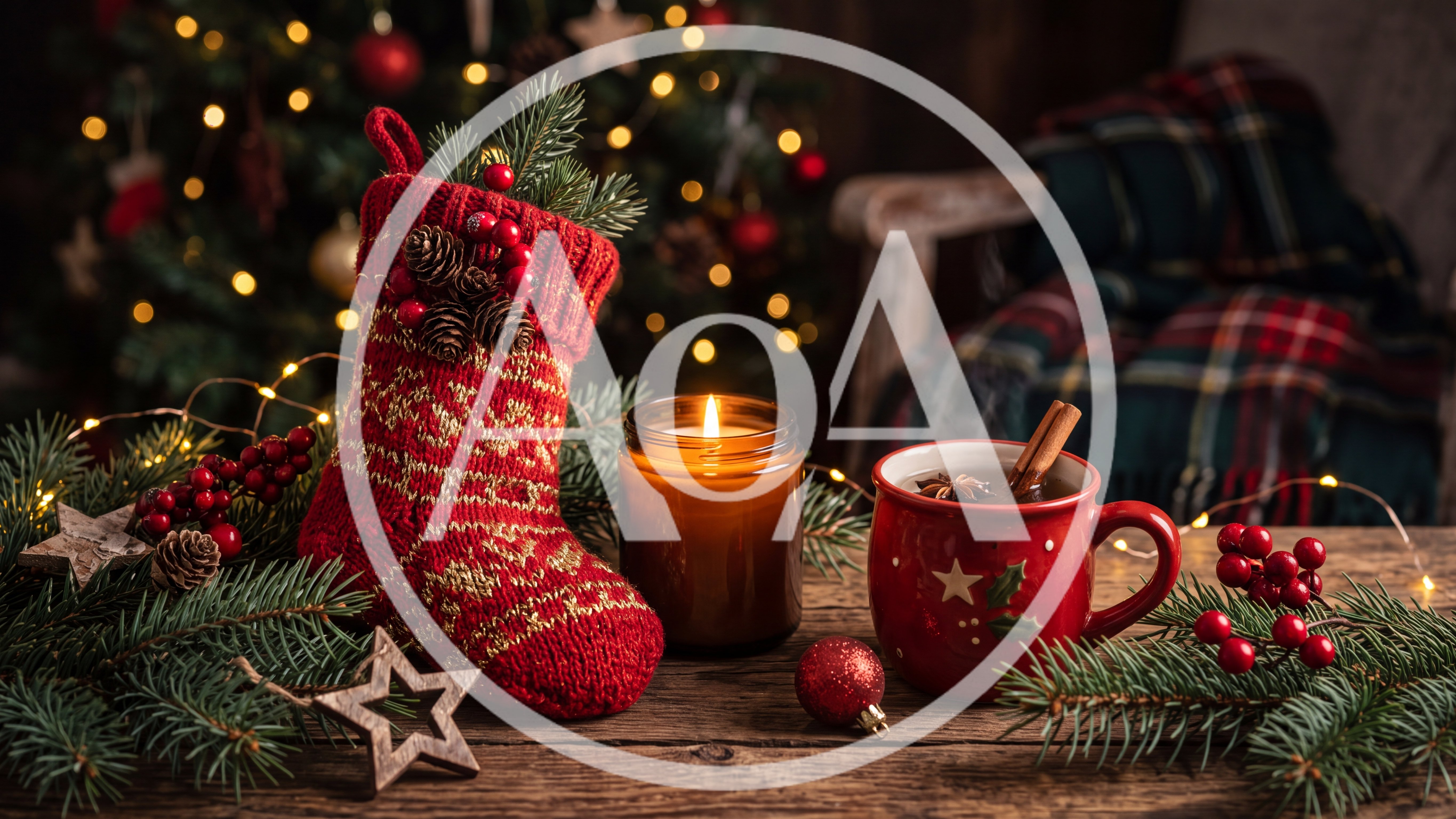 Christmas Stocking and Hot Drink on Wooden Table