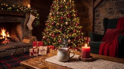 Cozy Christmas Living Room With Tree And Fireplace