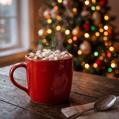 Red Mug Of Hot Cocoa With Marshmallows