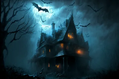 Haunted Victorian Mansion Under Full Moon With Bats