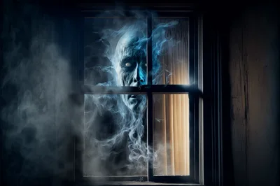 Eerie Ghostly Figure Appearing Through A Dark Window