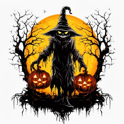 Spooky Witch Holding Jack O Lanterns