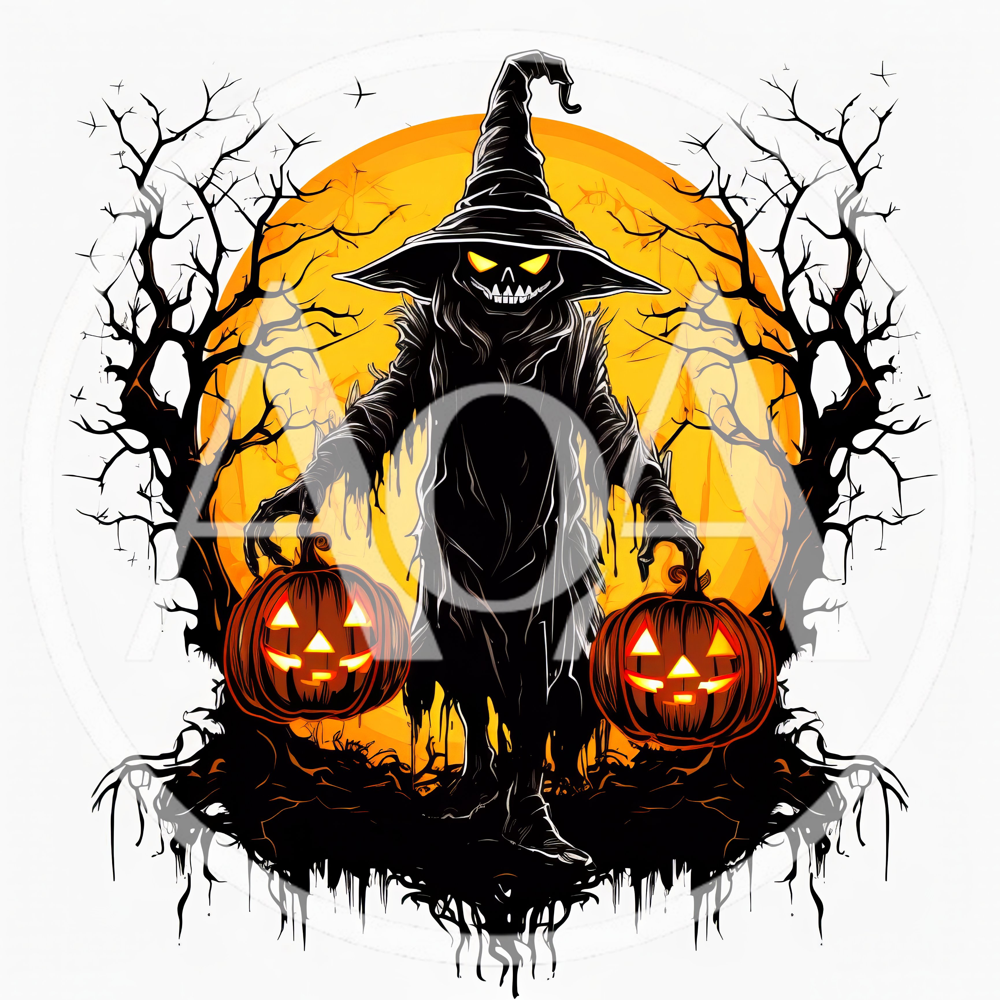 Spooky Witch Holding Jack O Lanterns