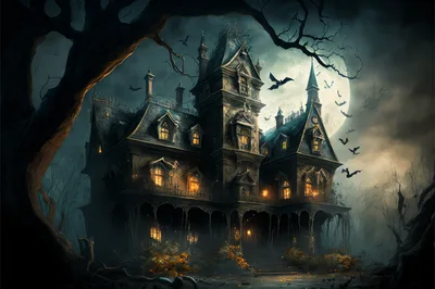 Spooky Victorian Haunted Mansion Under Full Moon