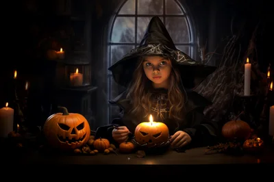 Young Girl Dressed As A Witch Carving Halloween Pumpkins