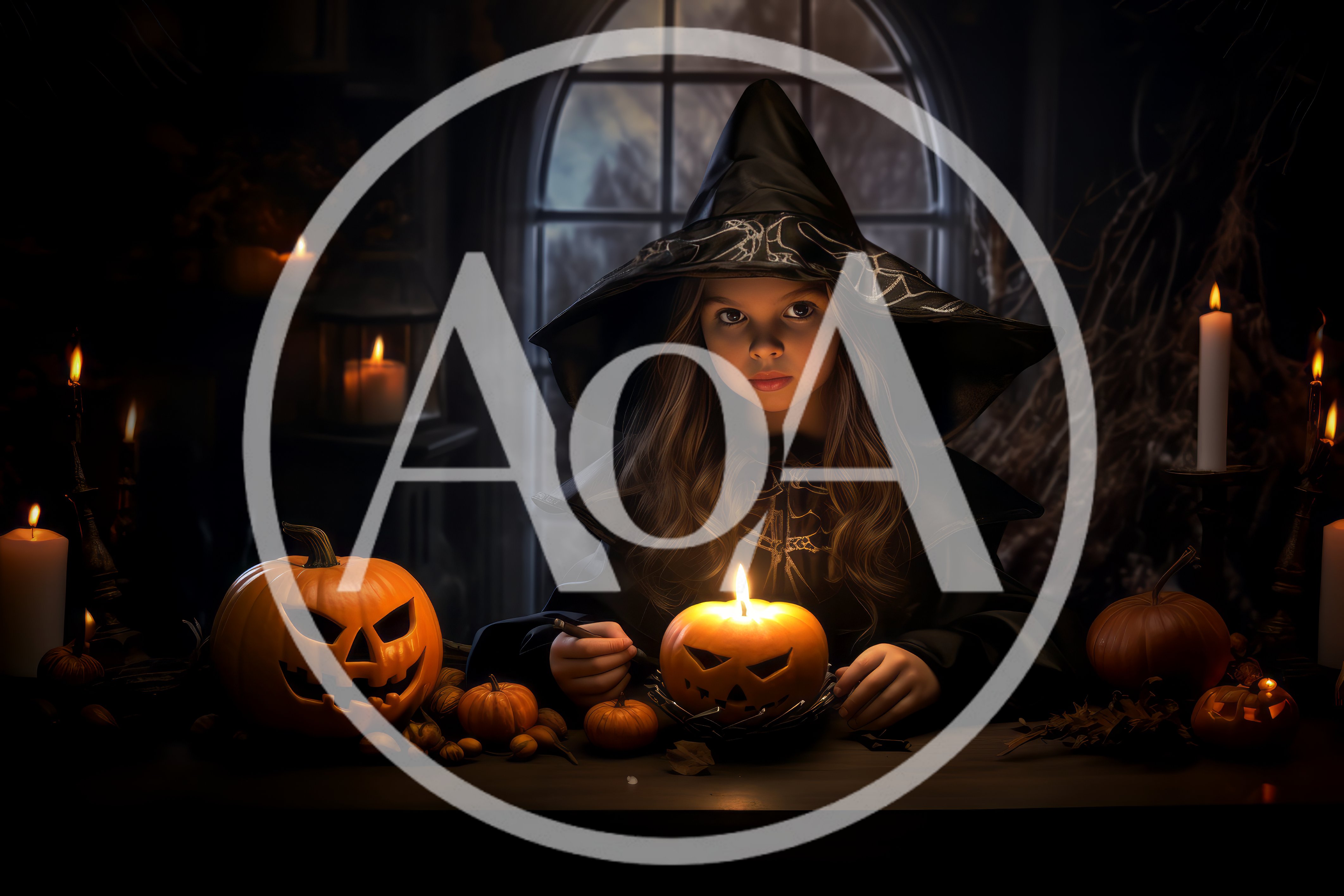 Young Girl Dressed As A Witch Carving Halloween Pumpkins