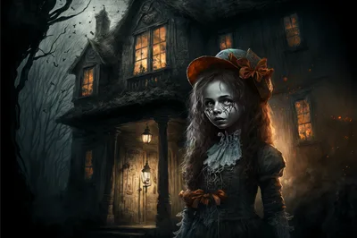 Creepy Victorian Girl Standing Before Haunted House