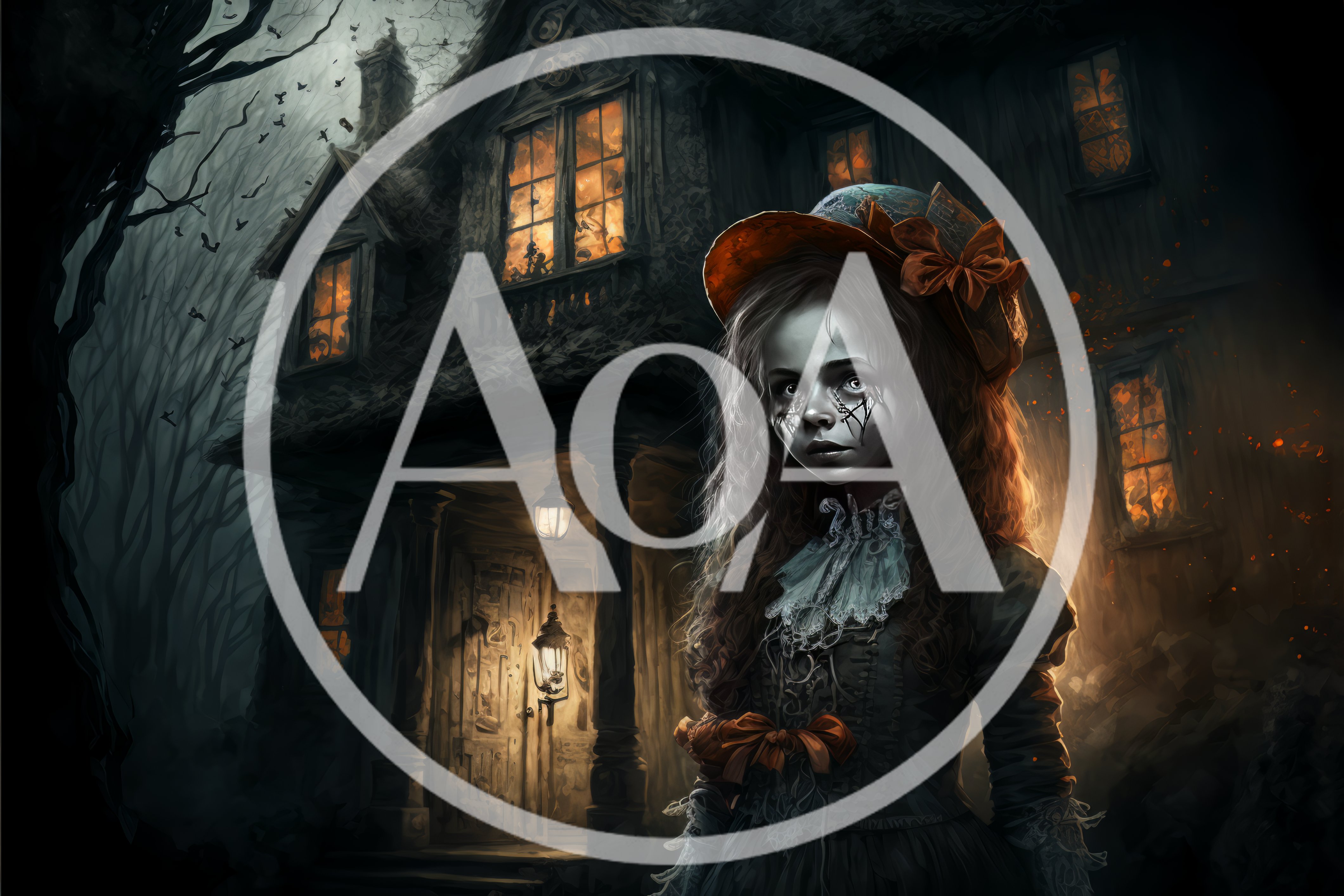 Creepy Victorian Girl Standing Before Haunted House