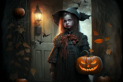 Young Girl Dressed As A Witch Holding A Jack O Lantern