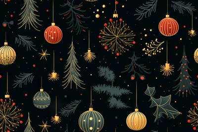 Seamless Christmas Pattern With Ornaments And Pine Trees