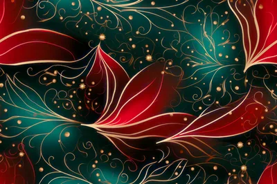 Abstract Floral Pattern With Red Petals And Gold Swirls