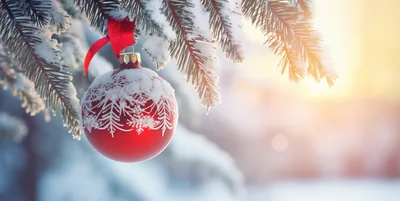 Red Christmas Ornament Hanging On Snowy Pine Branch