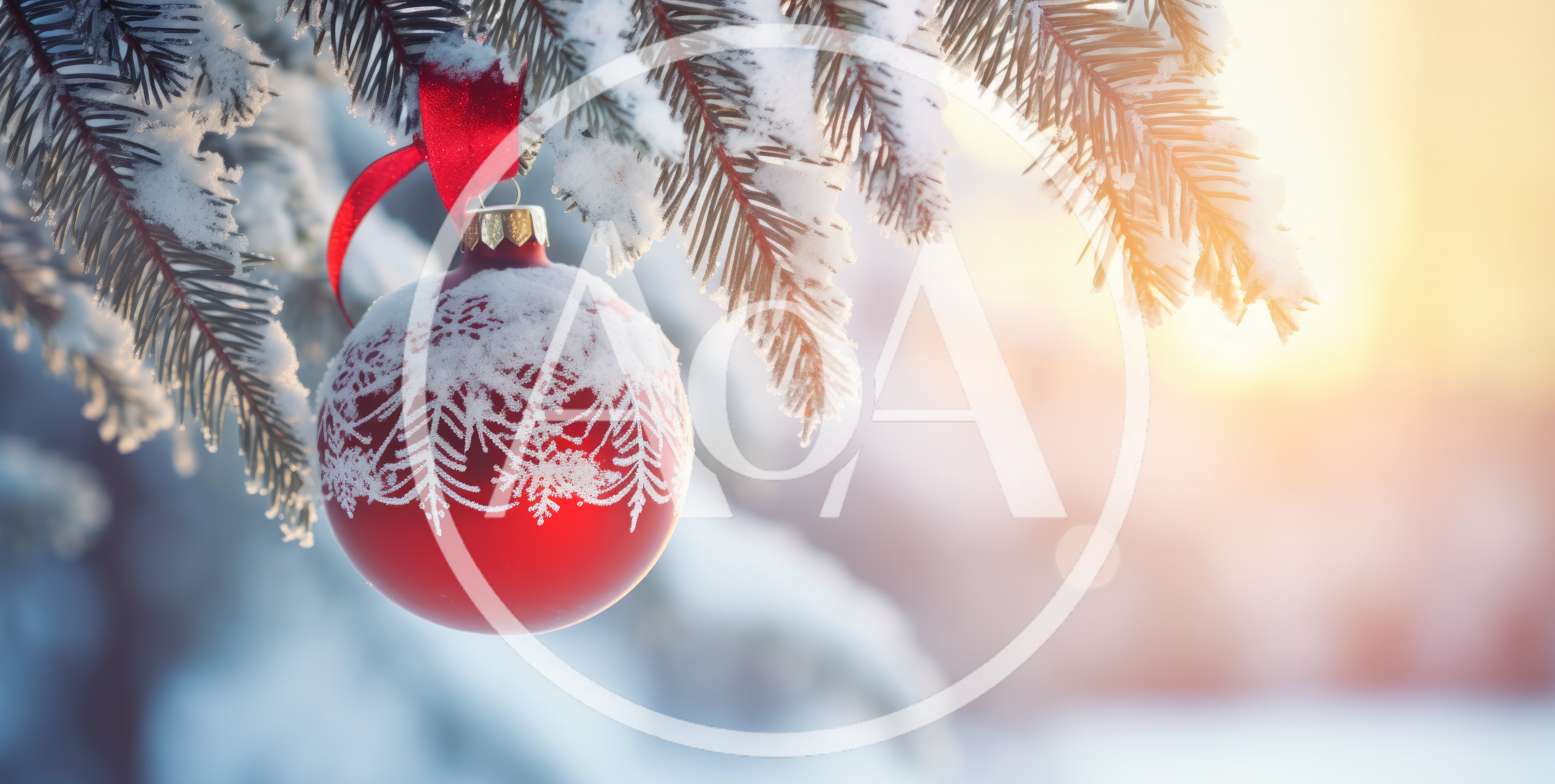 Red Christmas Ornament Hanging On Snowy Pine Branch