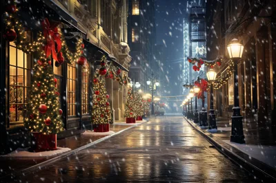 Christmas Decorated Street Scene During Snowy Night