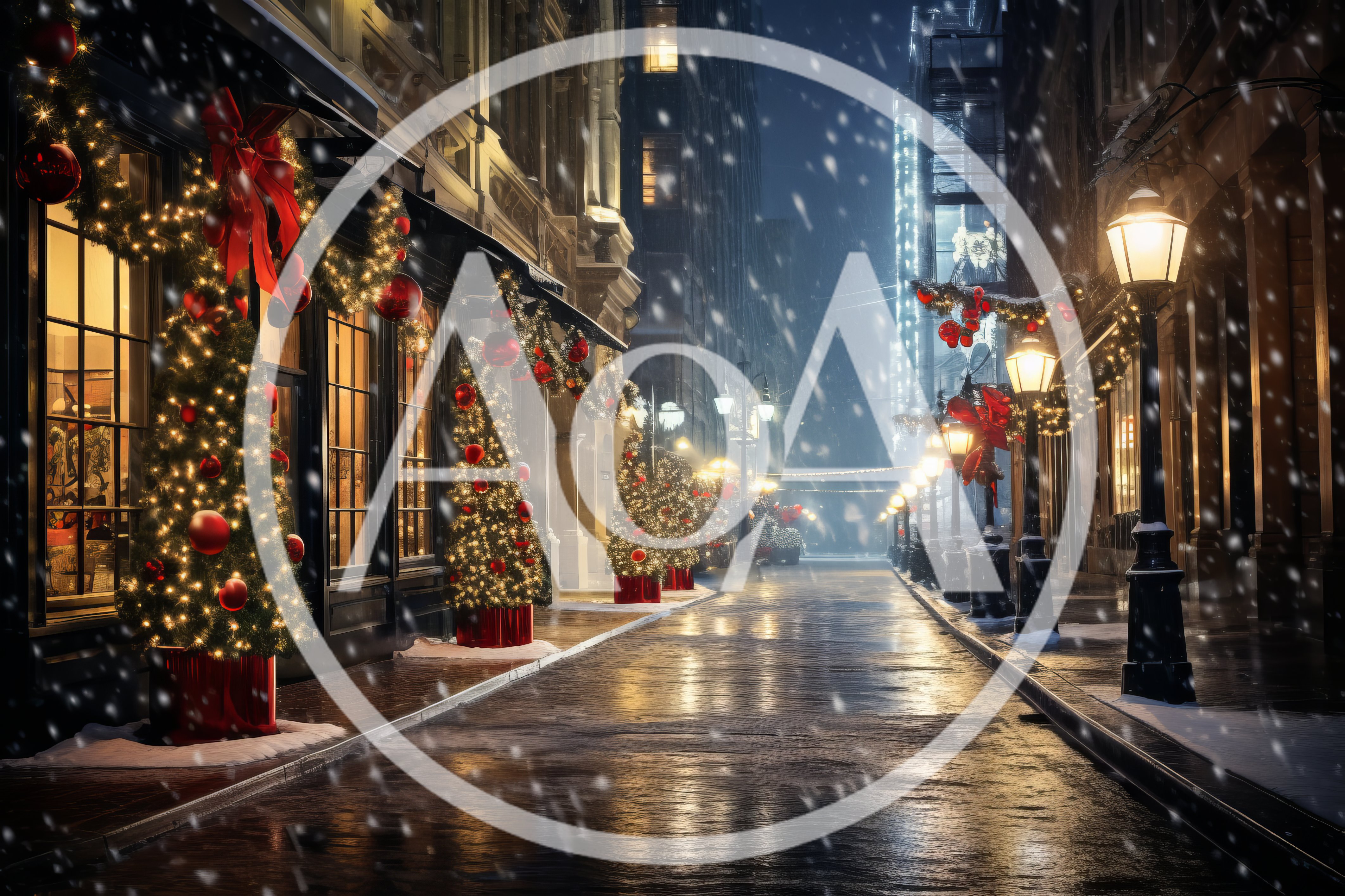 Christmas Decorated Street Scene During Snowy Night