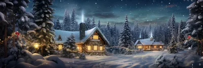 Cozy Winter Cabins In Snowy Forest At Night