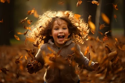 Happy Child Playing With Falling Autumn Leaves
