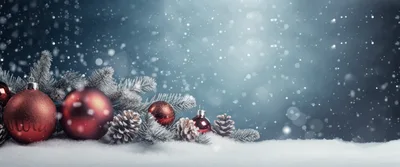 Christmas Ornaments And Pine Cones On Snowy Background