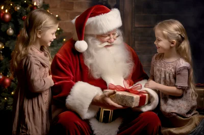 Santa Claus Giving A Christmas Gift To Two Girls