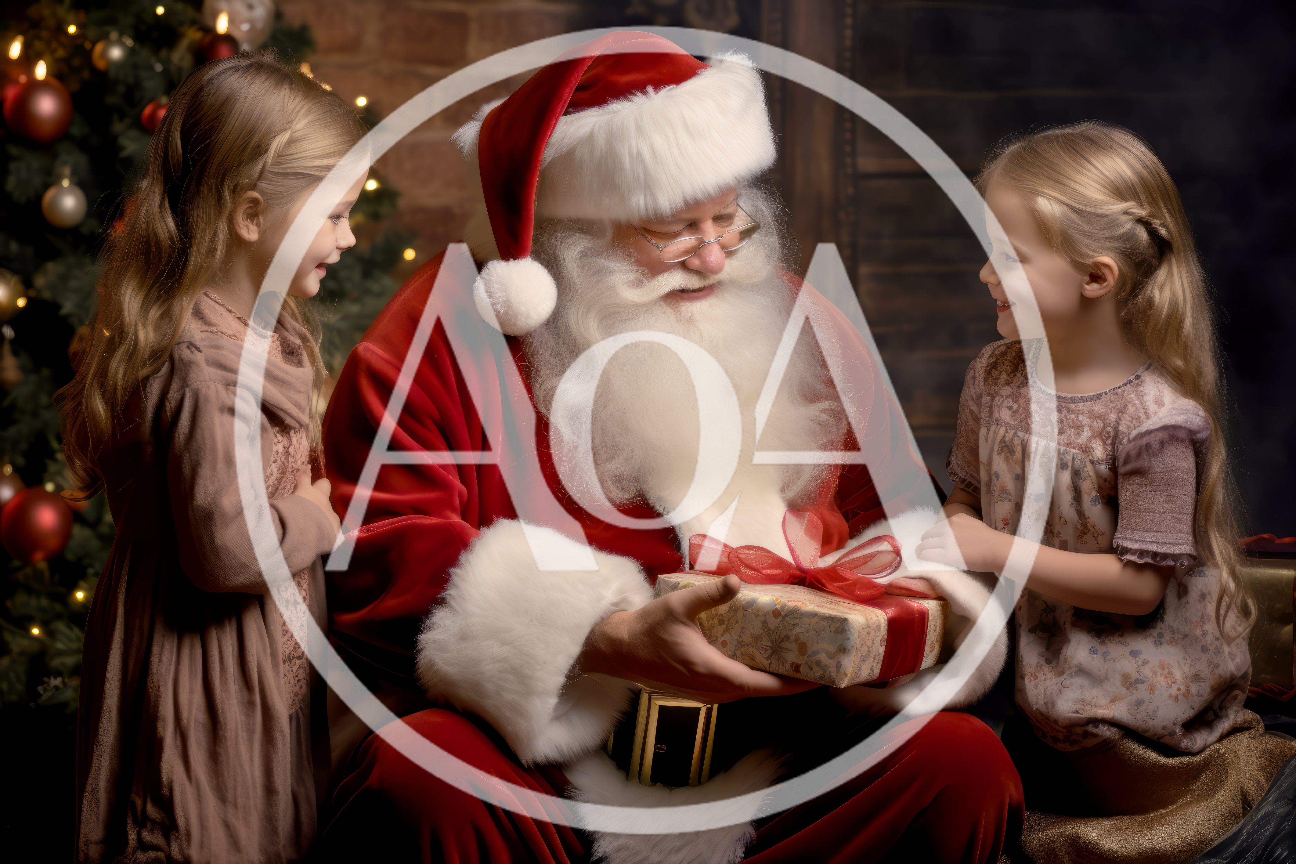Santa Claus Giving A Christmas Gift To Two Girls