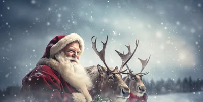 Santa Claus With Reindeer In Snowy Winter Landscape