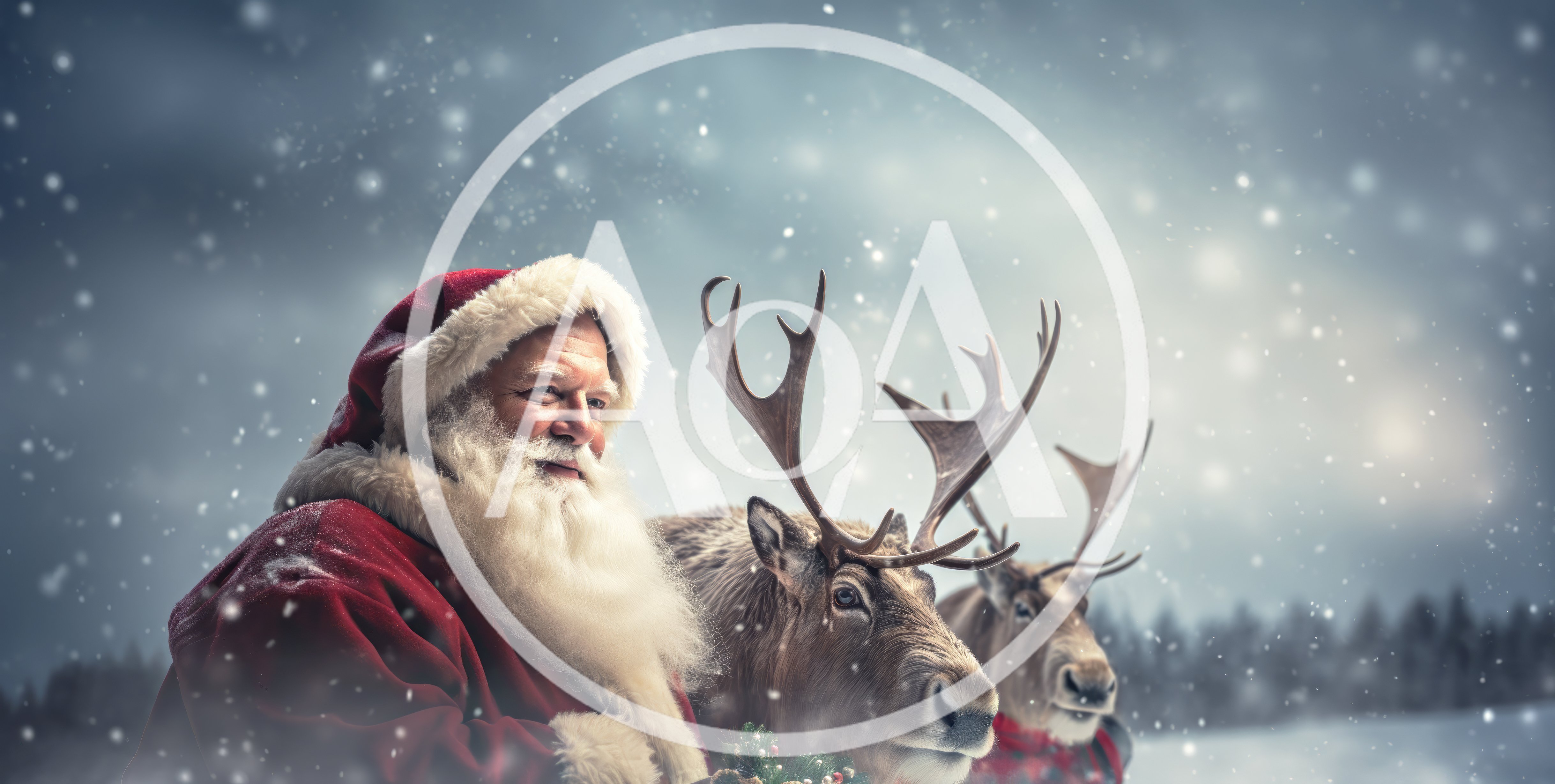 Santa Claus With Reindeer In Snowy Winter Landscape