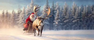 Santa Claus Riding Sleigh Pulled By Reindeer