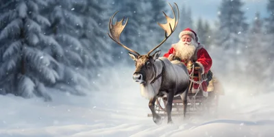 Santa Claus Riding A Reindeer Sleigh In Snowy Forest